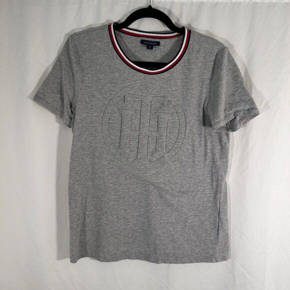 Tommy Hilfiger Shirt Women's Medium Grey Raised Letters Short Sleeve Crew Neck - Picture 1 of 7
